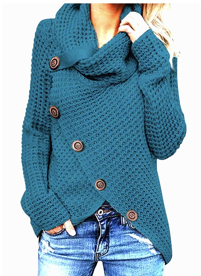 Turtleneck Button Design Long Sleeve Irregular Knitted Sweater