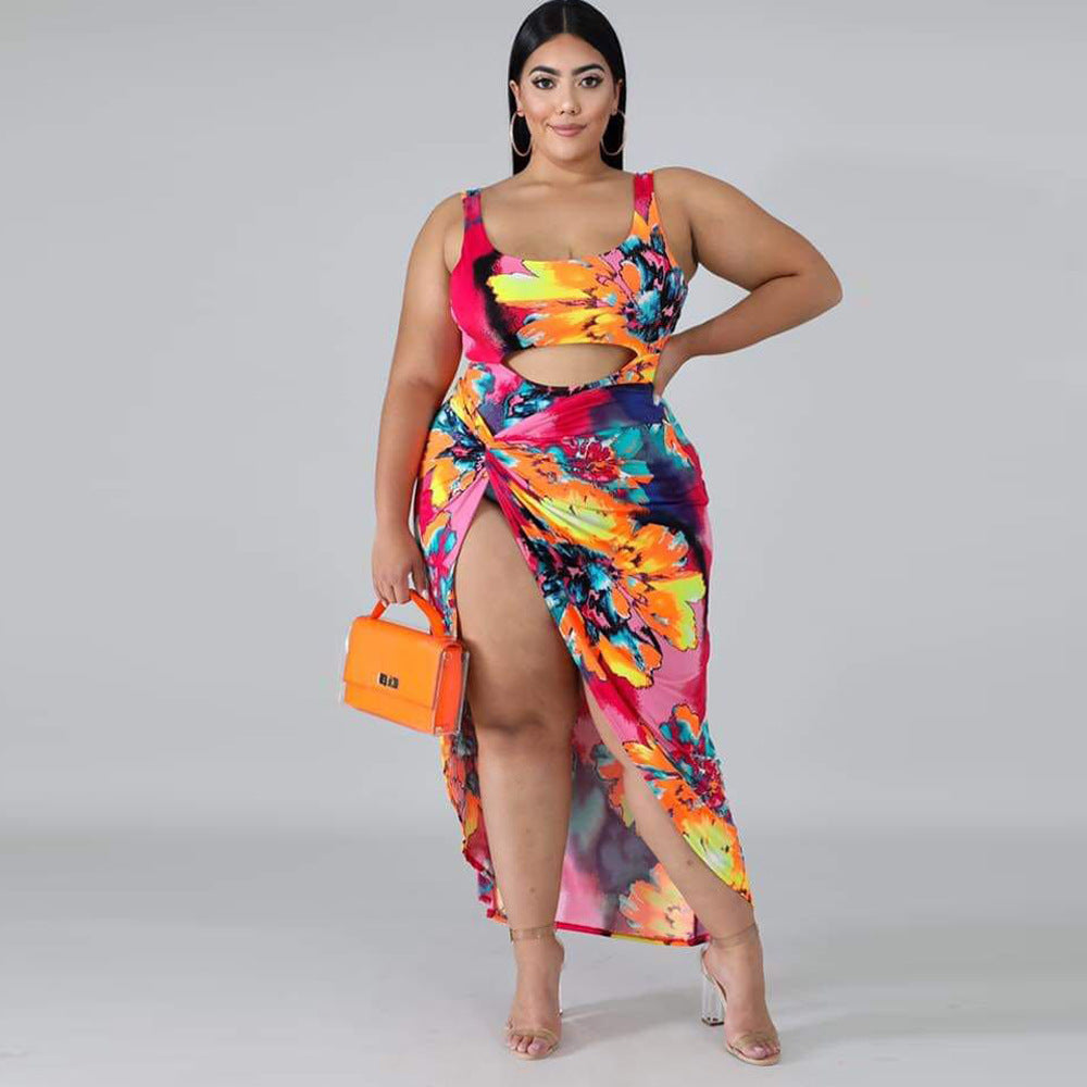 Tropical Print Cut-Out Halter One-Piece Plus Size Swimsuit w/ Matching Sarong to 5X