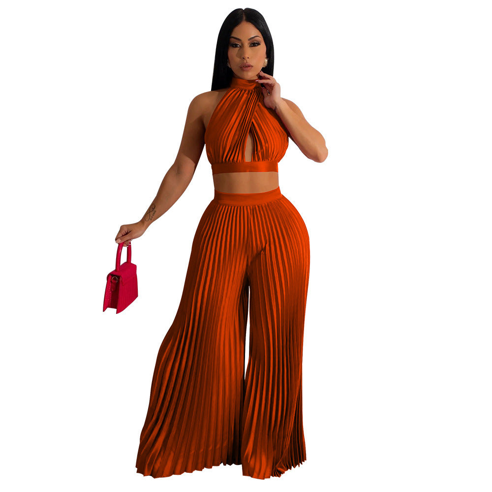 Pleated Women's Halter Silky Crop Top + Elastic Waist Wide Leg Pants 2-Piece Set