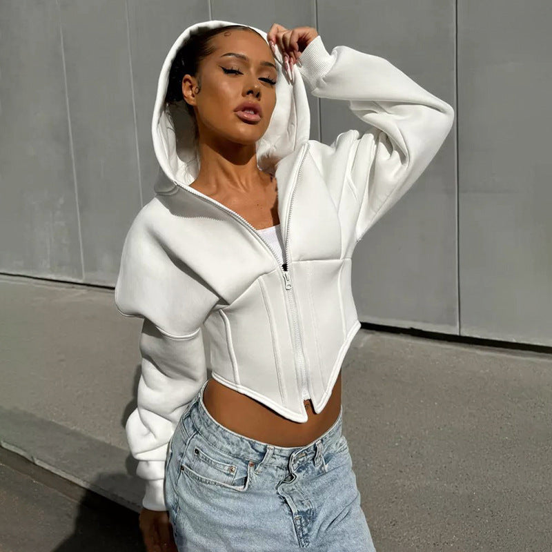 Corset Design Streetwear Long Sleeve Women's Zipper Hip-Hop Hoodie Jacket