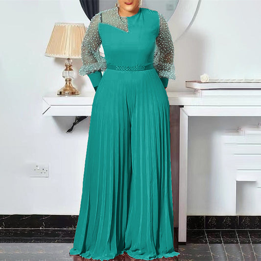 Pleated Sheer Pearl Embellished Transparent Wide Leg Pants Jumpsuit to 6X Plus Size