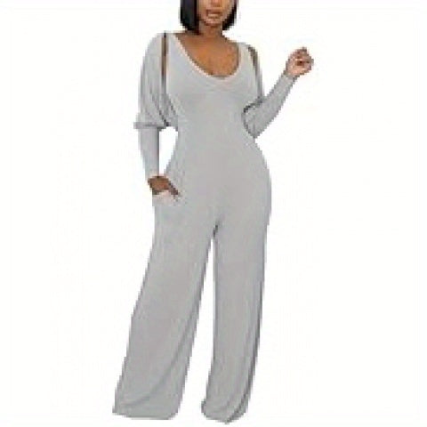Ribbed Knitted Solid Color Batwing Sleeve Blazer + U-Neck Women's Sleeveless Jumpsuit 2-Piece Set