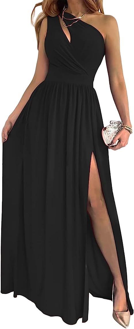 Asymmetrical One Shoulder High Slit Cut-Out Sleeveless Sexy Cocktail Maxi Dress