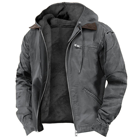Men's Hooded Pocketed Warm Fleece Lined Zipper Jacket