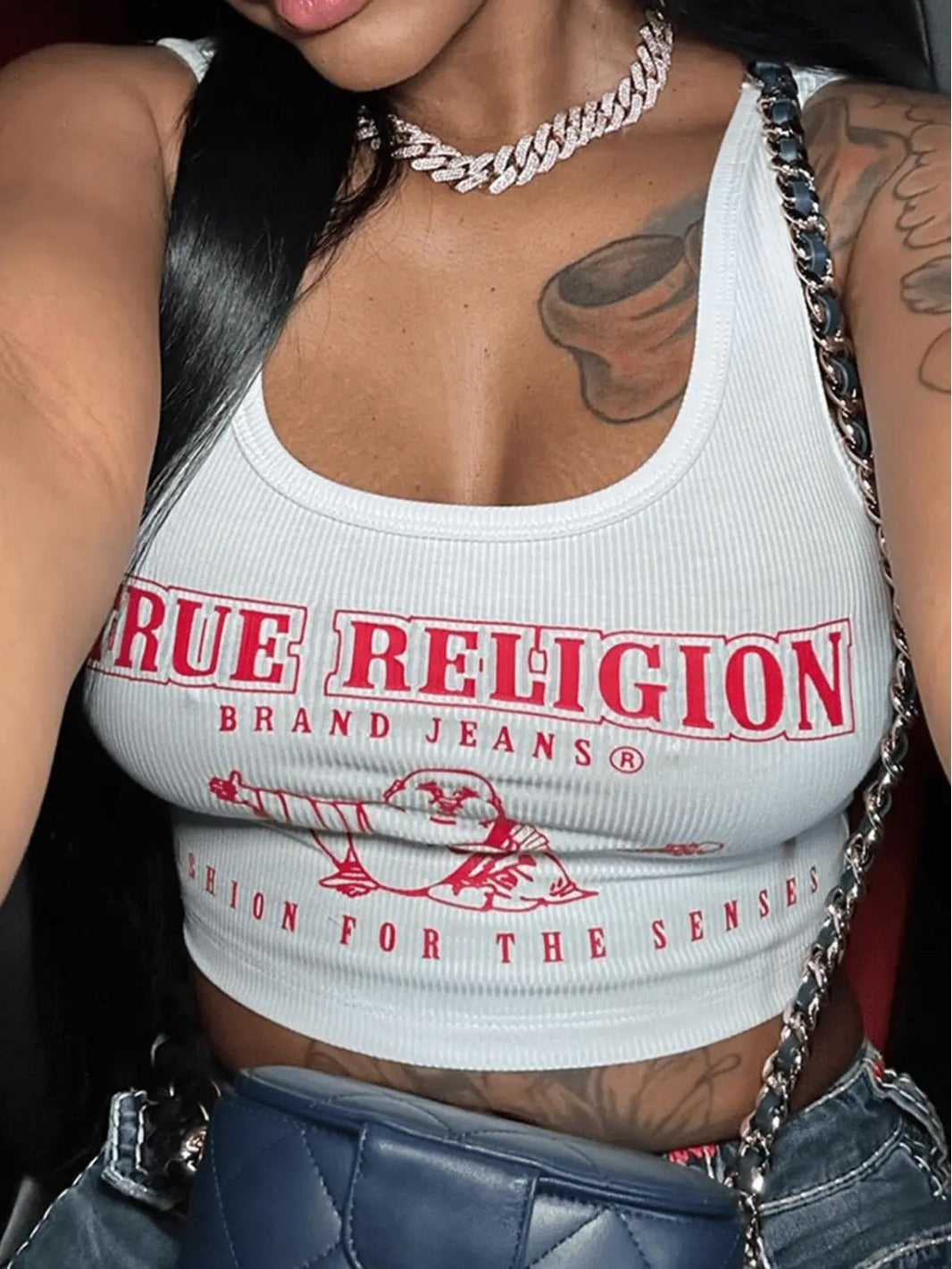 "True Religion" Open Collar Printed Letter Sunken Neck Women's Tank Top