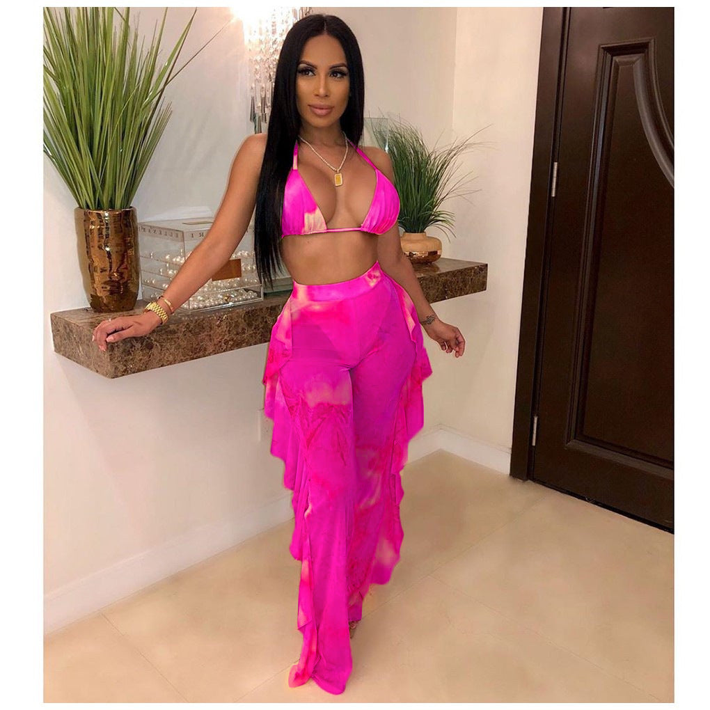 Mesh Butterfly/Tie-Dye Print Bikini Top + Tassel Fringe Design Pants Women's 2-Piece Set