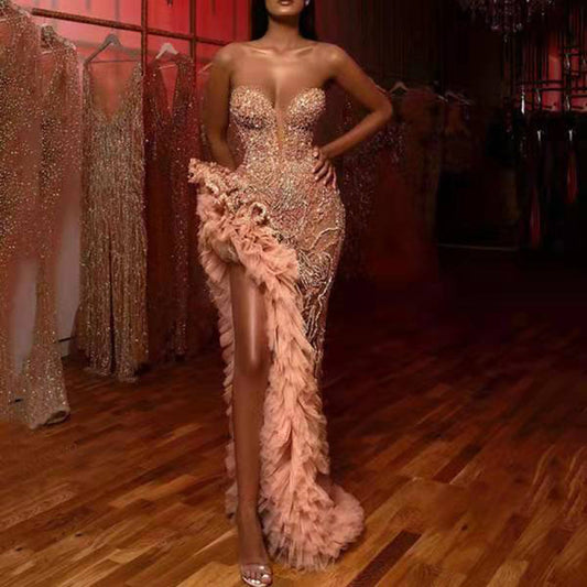 Pink Feather Metallic Sequin Design Sleeveless High Slit Tube Top Formal Maxi Party/Prom Dress
