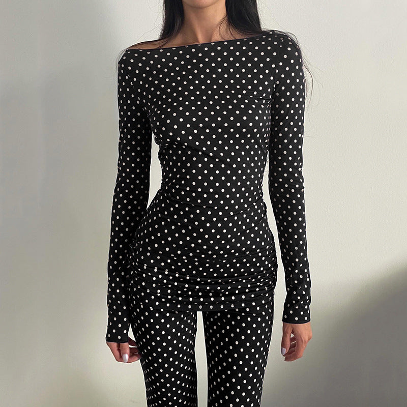 Black/White Long Sleeve Off-the-Shoulder Polka Dot Women's Shirt + Bootcut Leggings 2-Piece Set