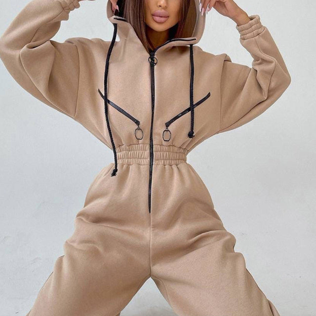 Drawstring Women's Elastic Waist Long Sleeve Hoodie Jumpsuit