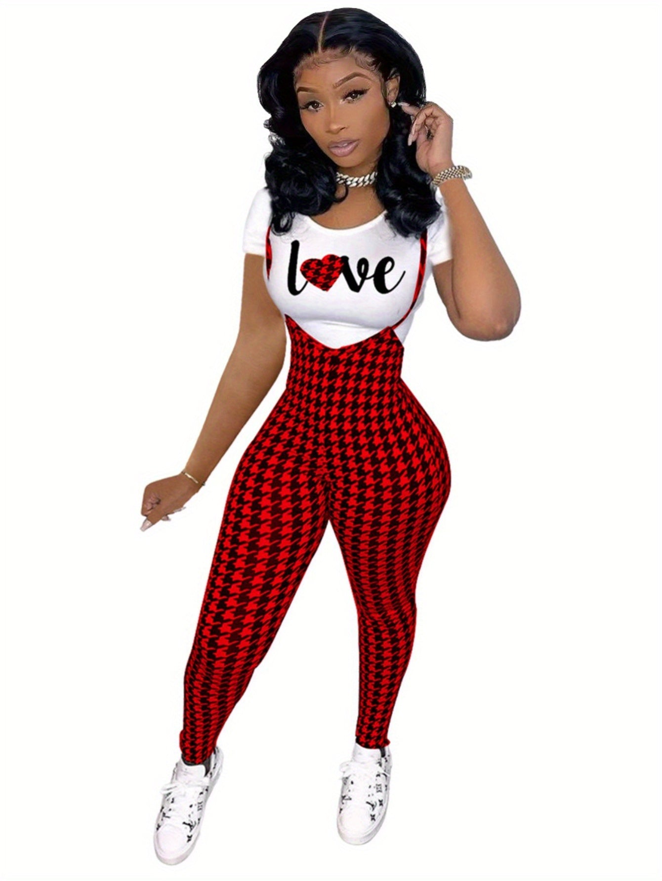 Sleeveless Houndstooth Plaid Print Cami Overalls Jumpsuit w/Love Heart Print T-Shirt Women's 2-Piece Set