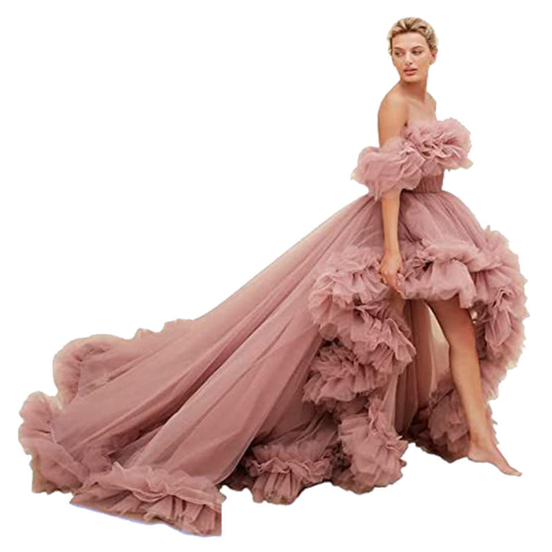 Oversized Ruffled High Low Tulle Off-the-Shoulder Long Tail Party/Prom/ Photoshoot Evening Gown Formal Dress
