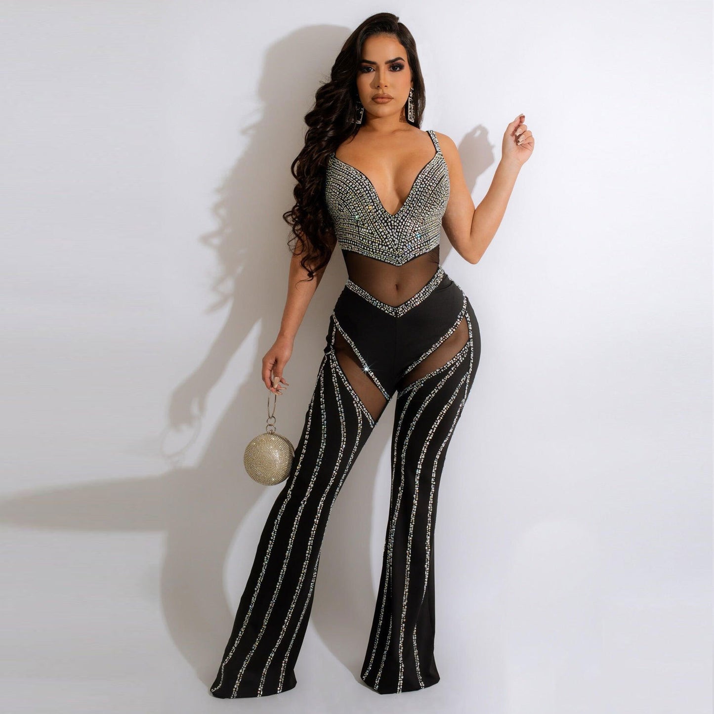 Rhinestone Striped Transparent Sheer Sleeveless Women's Deep V-Neck Party Jumpsuit