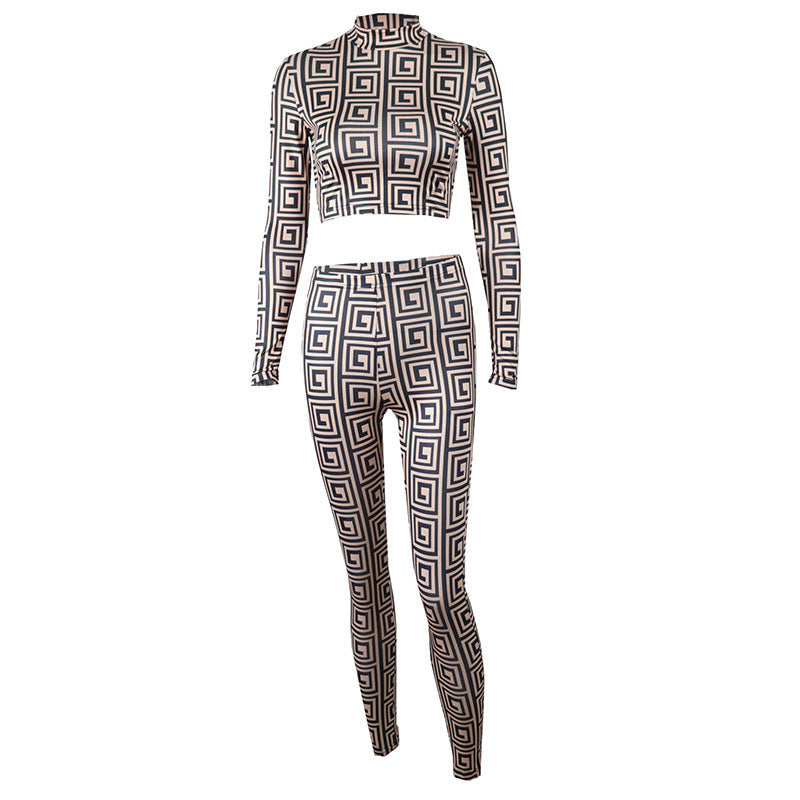 Geometric Print Women's Long Sleeve Crop Top + Skinny Leggings 2-Piece Set