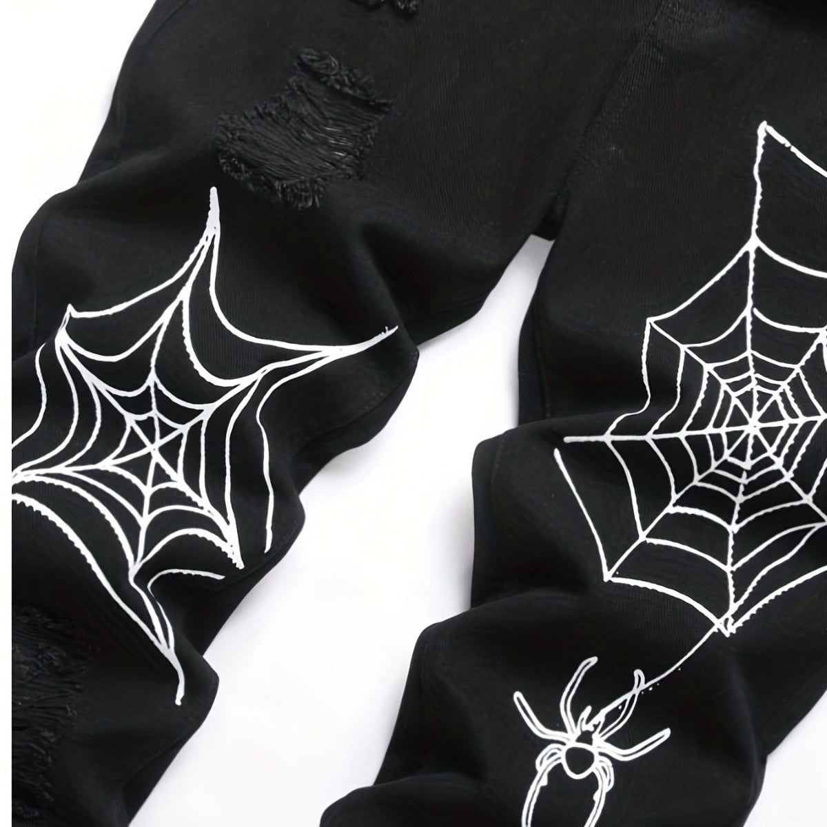 Men's Ruched Spider Web Print Hip-Hop Straight Leg Skinny Jeans