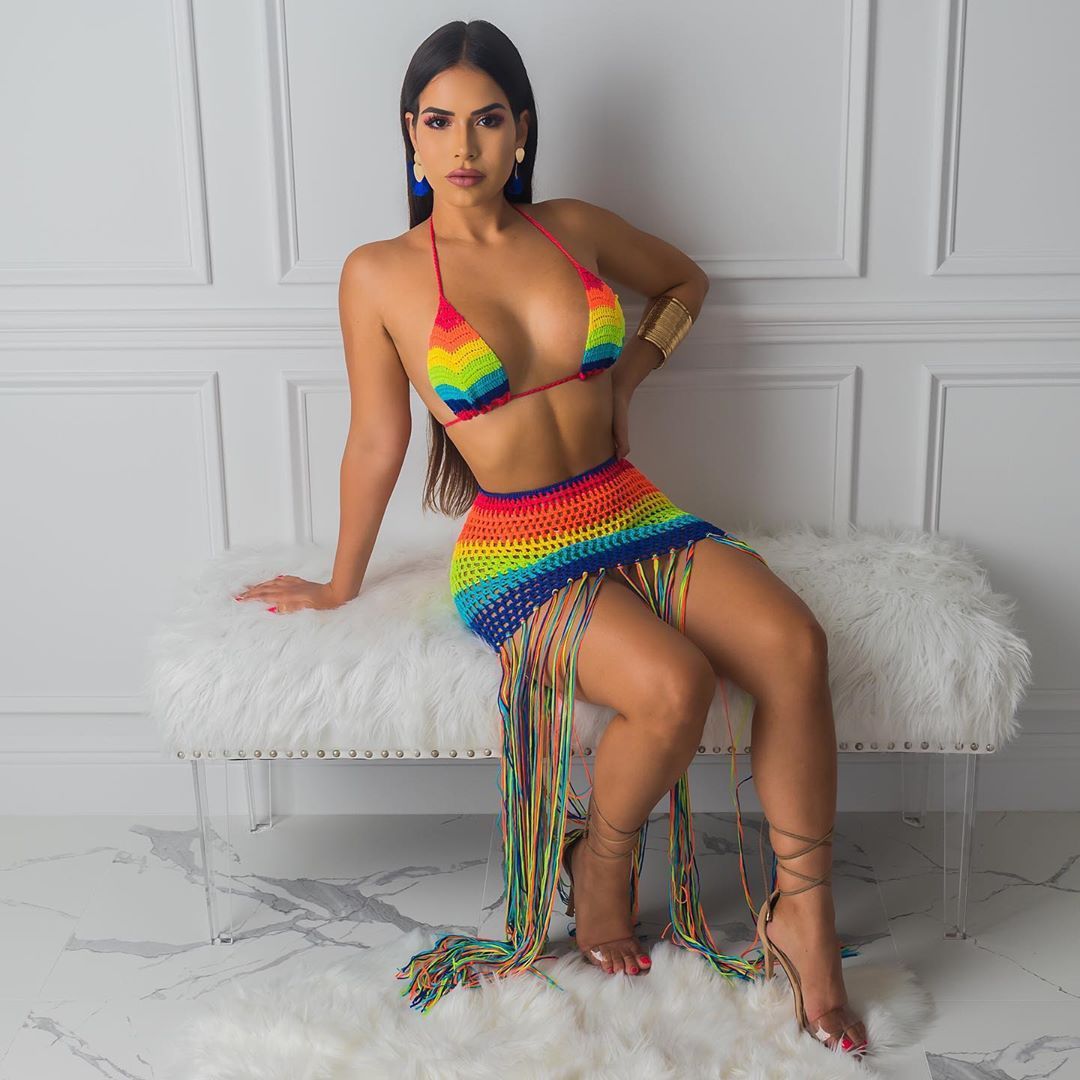 Crochet Rainbow Print Women's Bra + Hanging Tassel Fringe Skirt 2-Piece Set