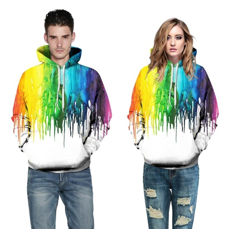 Men's 3D Rainbow Colored Dripping Paint Print Drawstring Streetwear Pullover Hoodie Sweatshirt