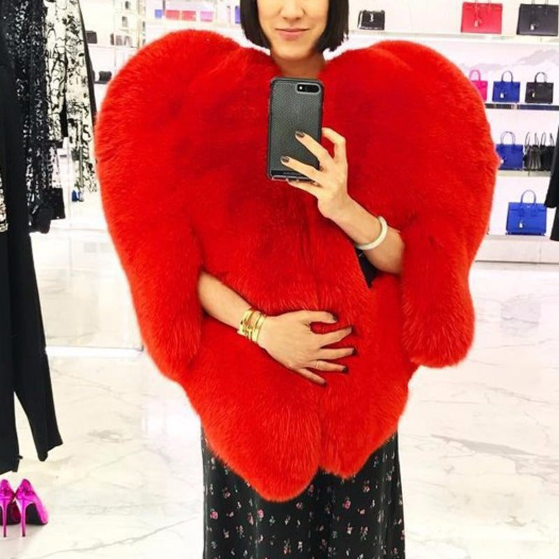 Faux Fur Oversized Red Angel Wing Heart Women's Cape Jacket