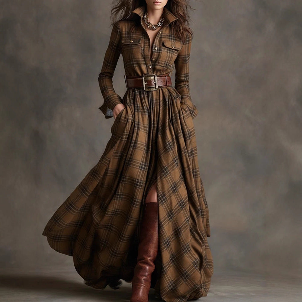 Oversized Plaid Print Long Sleeve Pocketed Turn-Down Collar Button-Up Big Swing Maxi Dress to 4X Plus Size