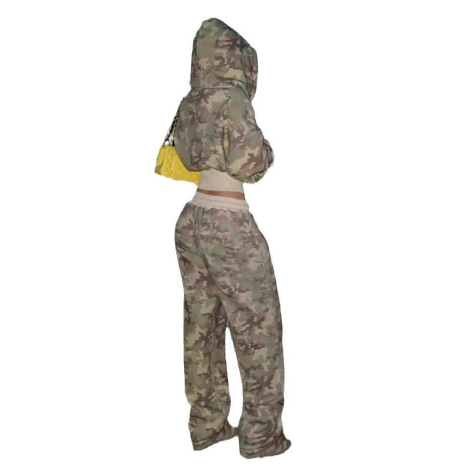 Camoflauge Long Sleeve Crop Zipper Hoodie Sweat Jacket + Drawstring Sweatpants Women's Tracksuit