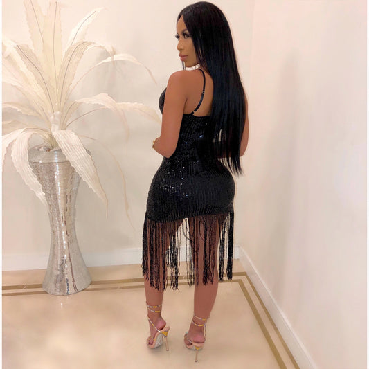 Sparkling Metallic Sequin Tassel Fringe Design V-Neck High Side Slit Formal Mini Party Dress