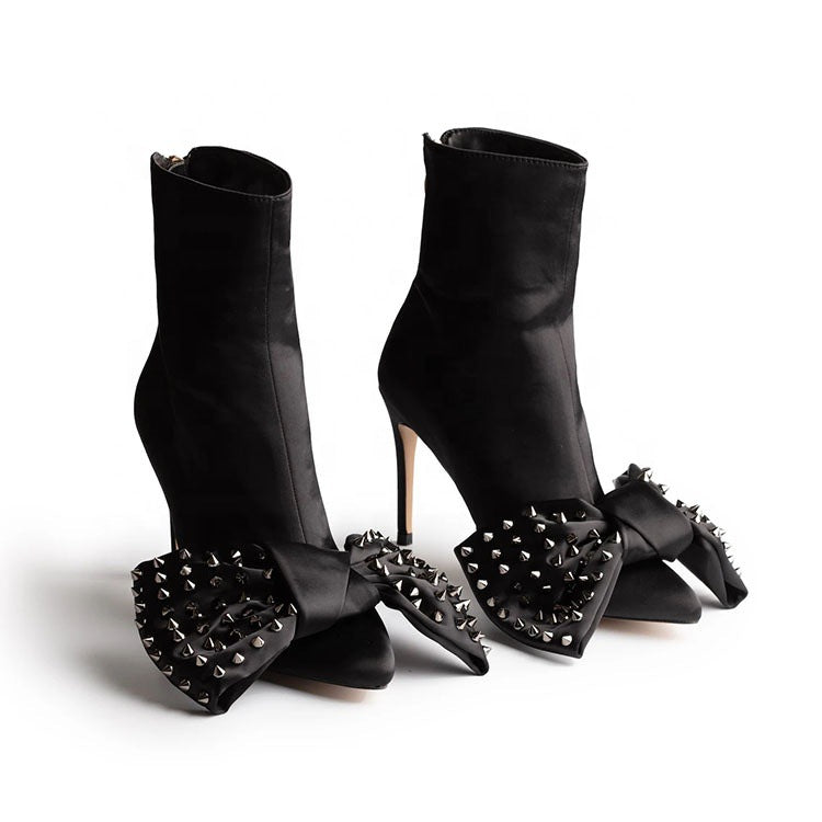 Satin Oversized Bowknot Design Camo/Solid Color/ Rainbow Striped Stiletto Heel Women's Ankle Boots