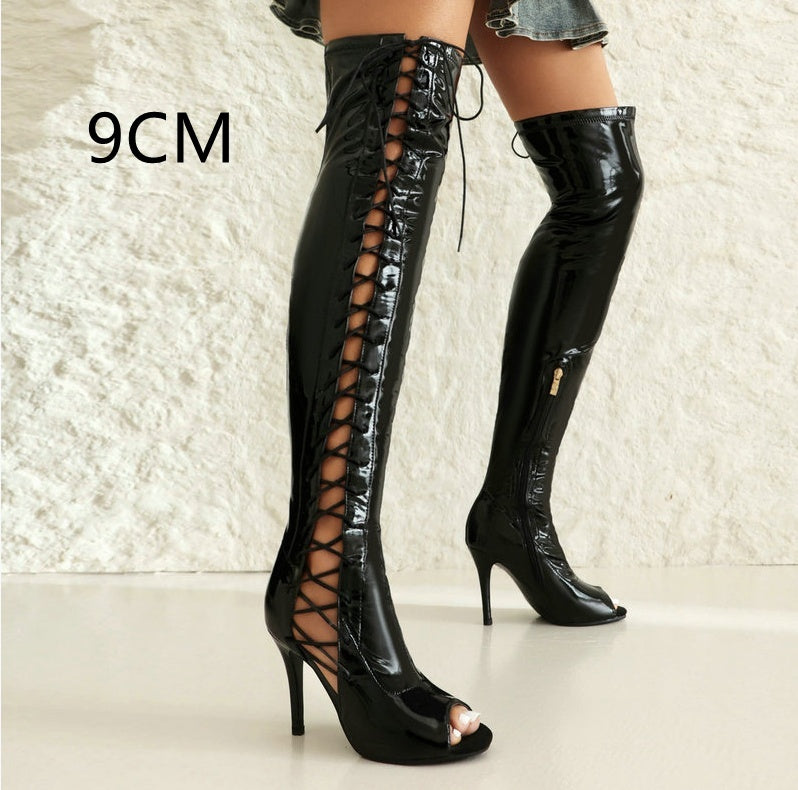 Patent Leather Peep Toe Lace-Up Women's Stiletto Heel Over-the-knee Boots