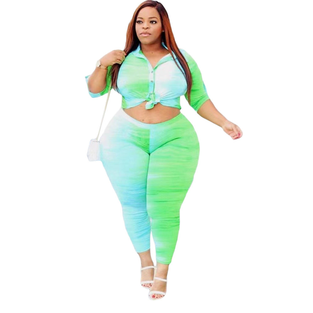Neon Green/Baby Blue Colorblock Turn-Down Collar Blouse + Leggings 2-Piece Set to 5X Plus Size