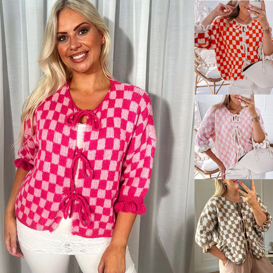 Plaid Checker Colorblock Print Bowknot Design Women's 1/2 Sleeve Sweater