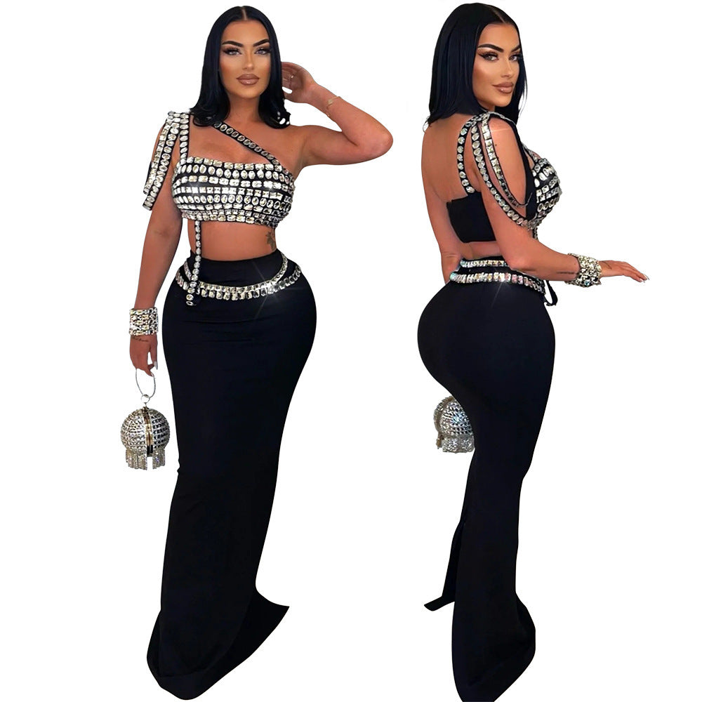 Draped Big Rhinestone Embellished Asymmetrical One Shoulder Crop Top+ Maxi Skirt Women's Formal 2-Piece Set
