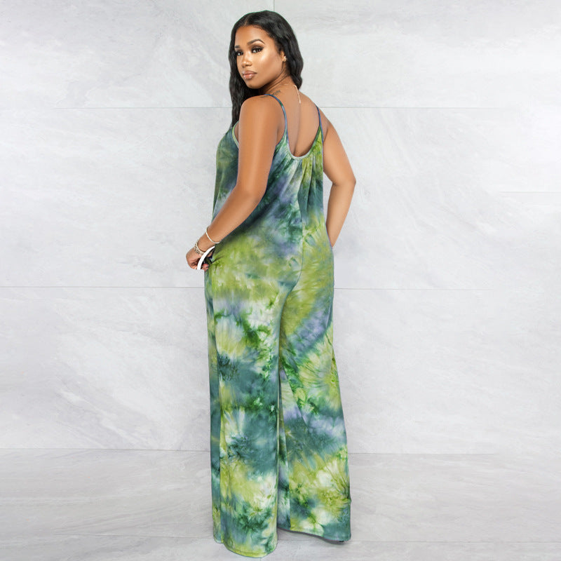 Tie-Dye Print Sleeveless Wide Leg Spaghetti Strap Women's Harem Jumpsuit to 5X Plus Size