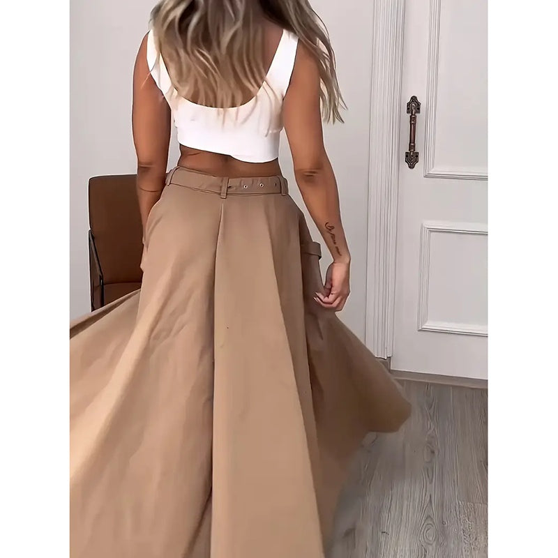 Cropped Vest Top + Multi-Pocketed High Slit Maxi Cargo Skirt Women's 2-Piece Set