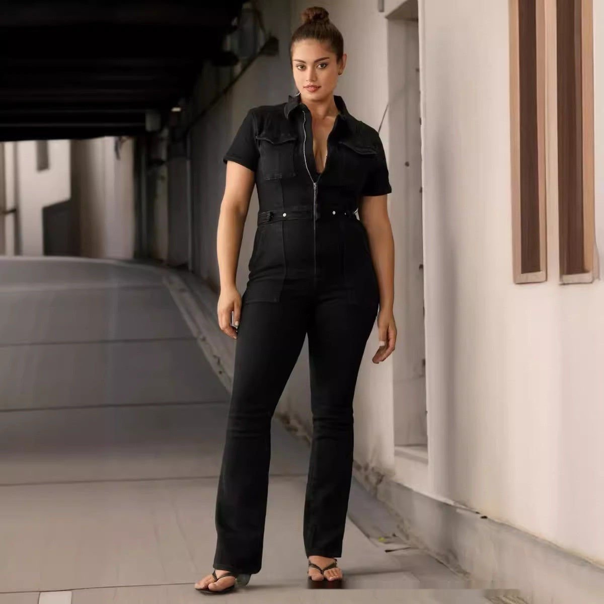 Denim Short Sleeve Women's Zipper Cargo Skinny Jumpsuit to 3X Plus Size