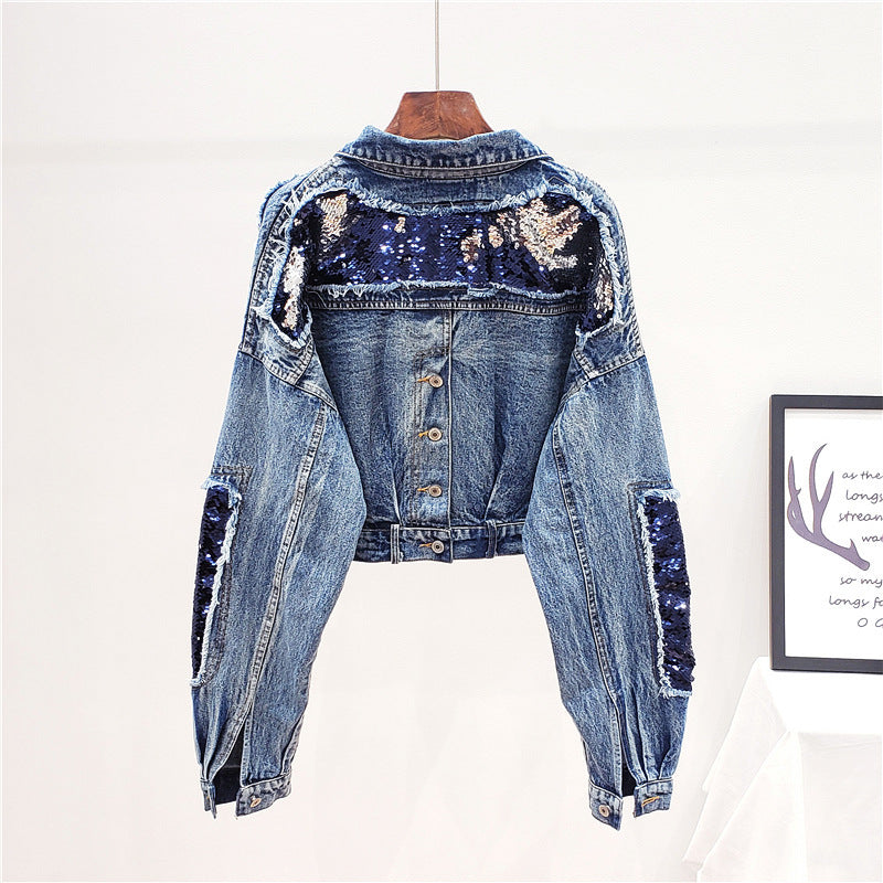 Denim Sequin Double Pocket Long Sleeve Women's Jean Jacket