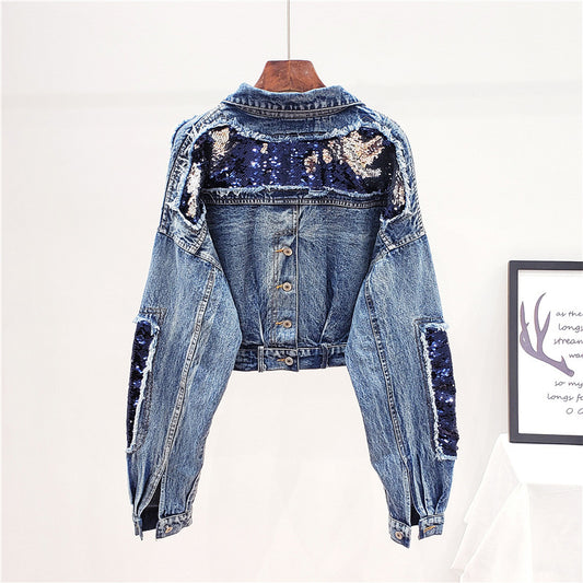 Denim Sequin Double Pocket Long Sleeve Women's Jean Jacket