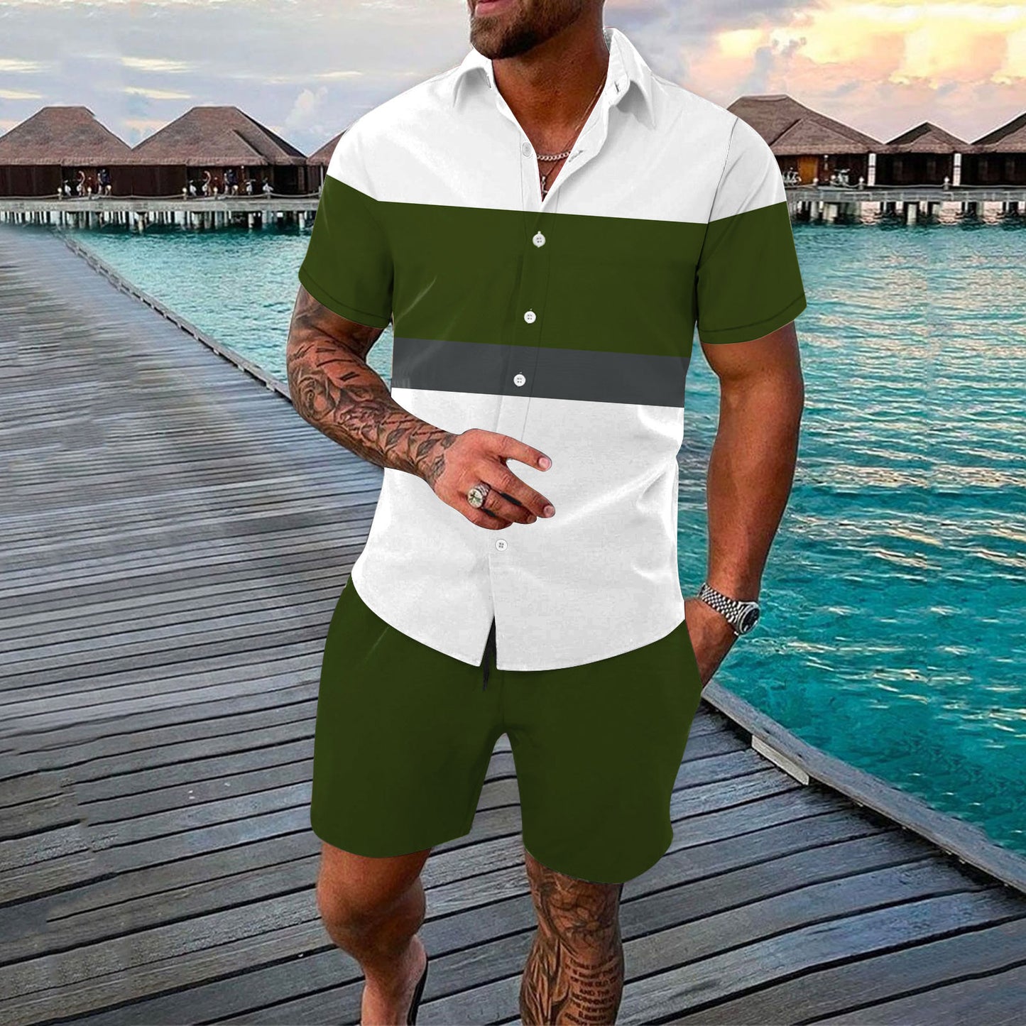 Men's Turn-Down Collar Colorblock Striped Button-Up Polo Shirt + Shorts 2-Piece Set