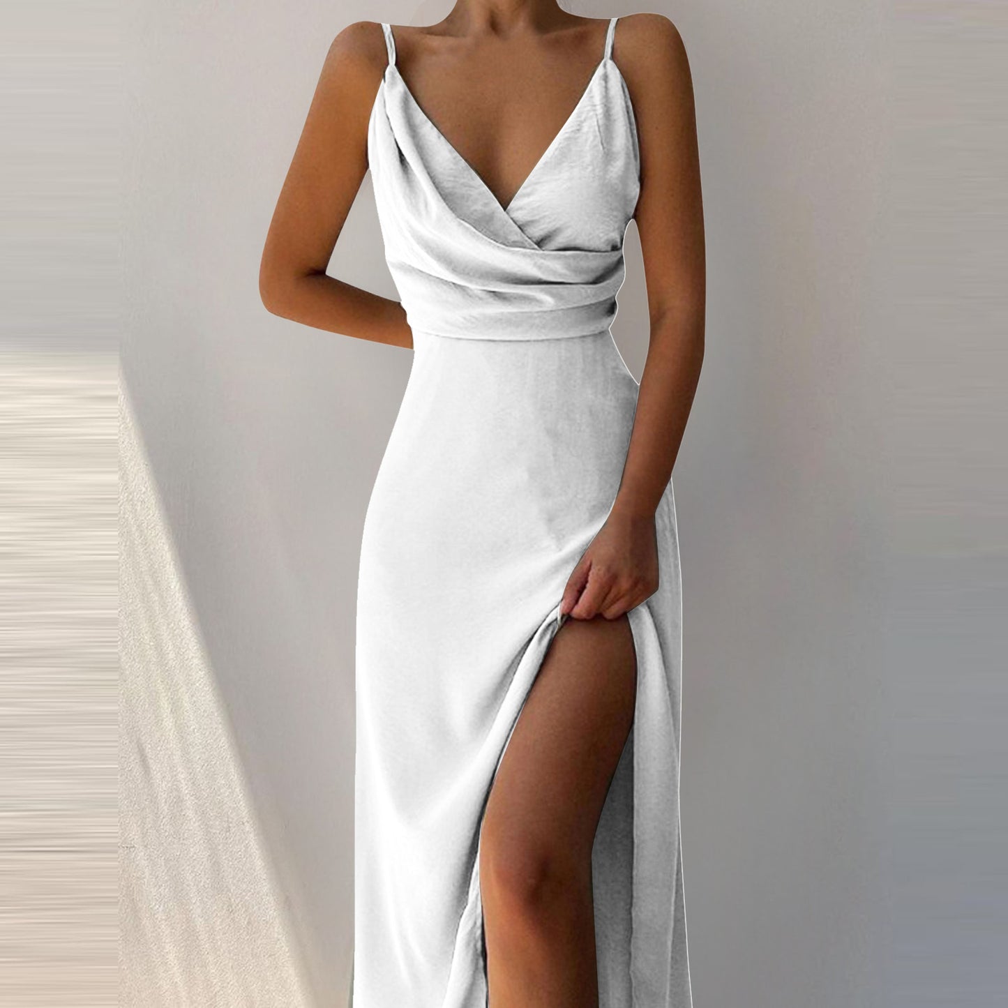Sleeveless V-Neck Solid Color High Slit Sling Maxi Dress