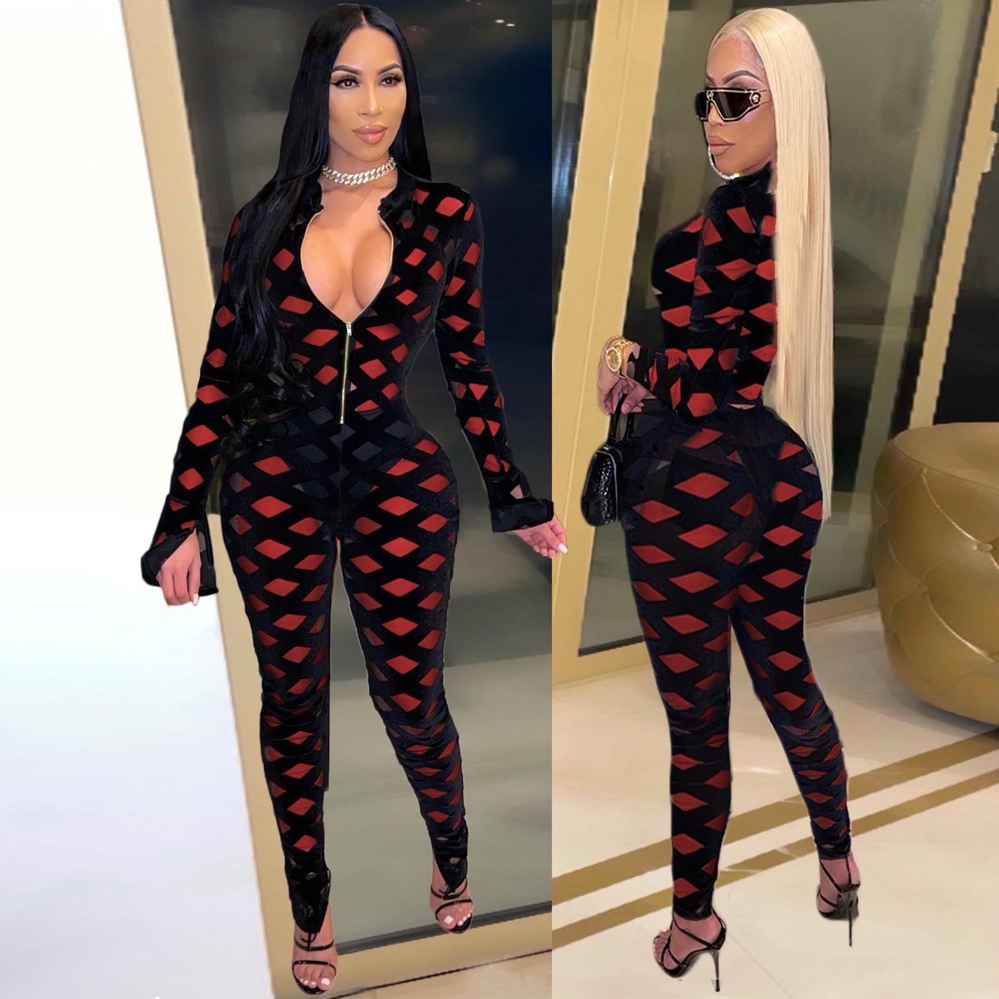 Mesh Sheer CrissCross Colorblock Pattern Women's Long Sleeve Deep V-Neck Skinny Women's Zipper Jumpsuit