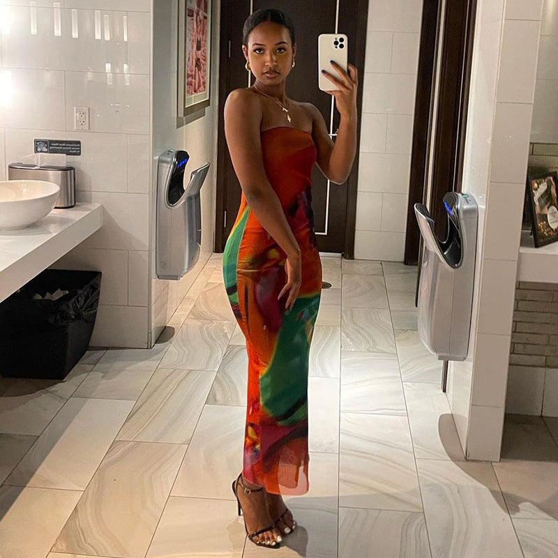 Strapless Tropical Print Irregular Backless Sleeveless Maxi Tube Dress