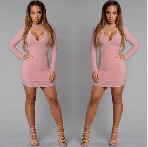 Sexy Skinny Fit Hollow-Out Solid Color Long Sleeve Club Party Mini Dress