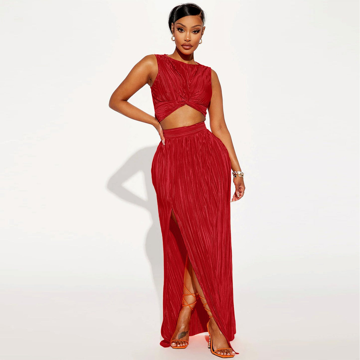 Sleeveless Ribbed Ruched Criss-Cross Hem Crop Top + High Slit Maxi Skirt Women's Solid Color 2-Piece Set