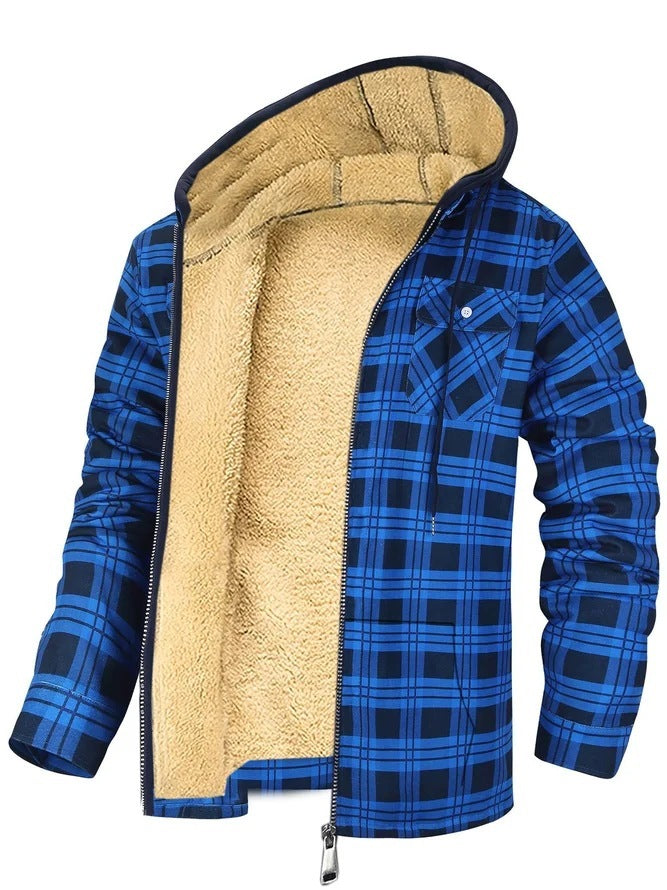 Men's Plaid Print Fleece Lined Hoodie Zipper Jacket