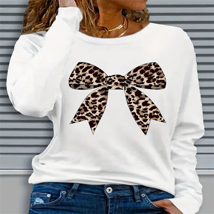 White/Black Leopard Bowtie Print Women's Long Sleeve O-Neck Shirt