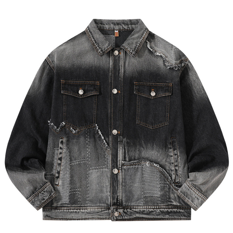Men's Washed Denim Ripped Gradient Colorblock  Button Front Jean Jacket