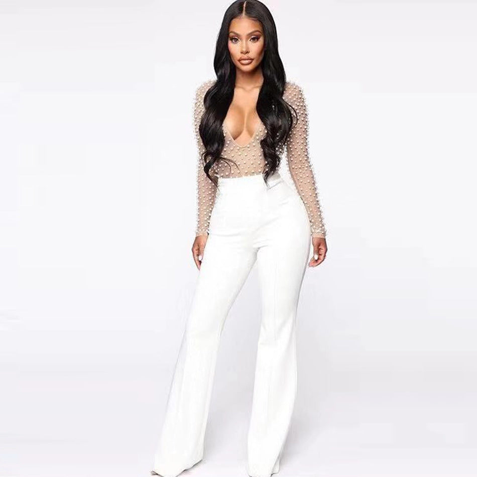 Pearl Beaded Mesh Sheer Designer V-Neck Long Sleeve Women's Bodysuit