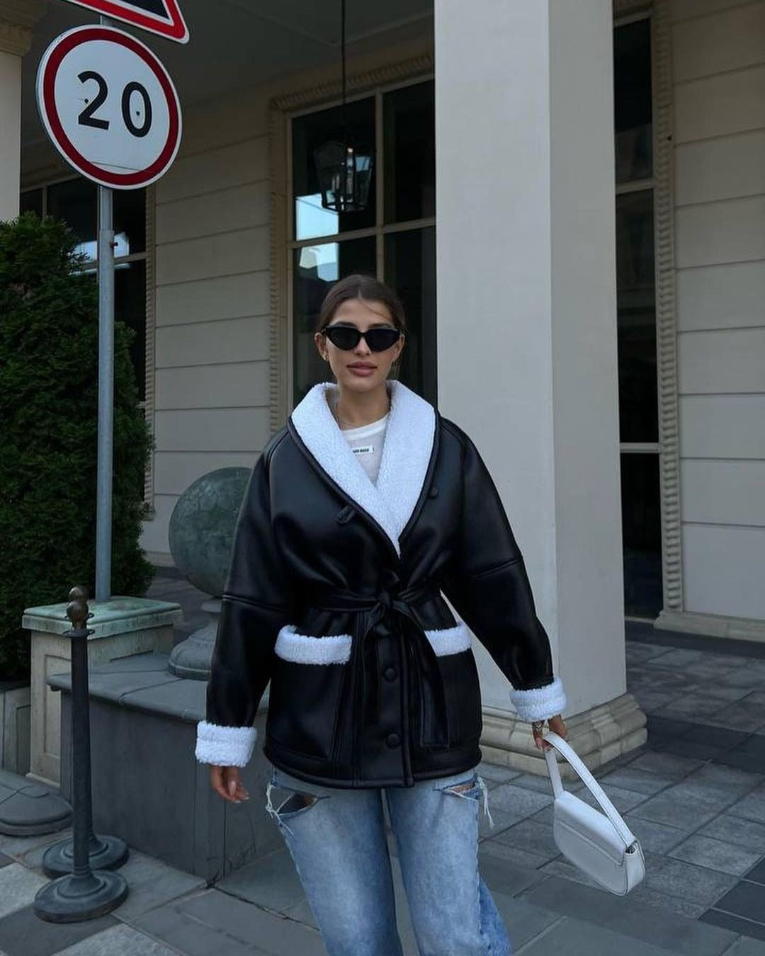 PU Leather Fleece Faux Fur Lined Sash Belted Women's Long Sleeve Spliced Coat