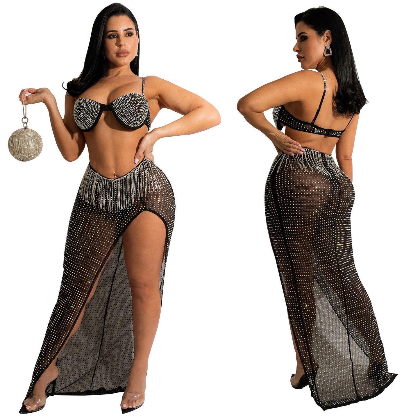 Metallic Silver/Black Mesh Rhinestone Bra + Tassel Fringe High Side Slit Maxi Skirt 2-Piece Set