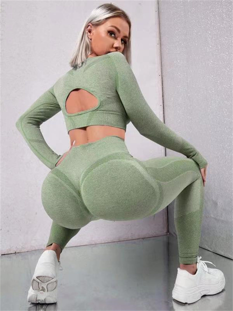 Solid Color Long Sleeve Hollow-Out Fitness Top + Butt Lifting High Waist Seamless Gym Workout Leggings Tracksuit