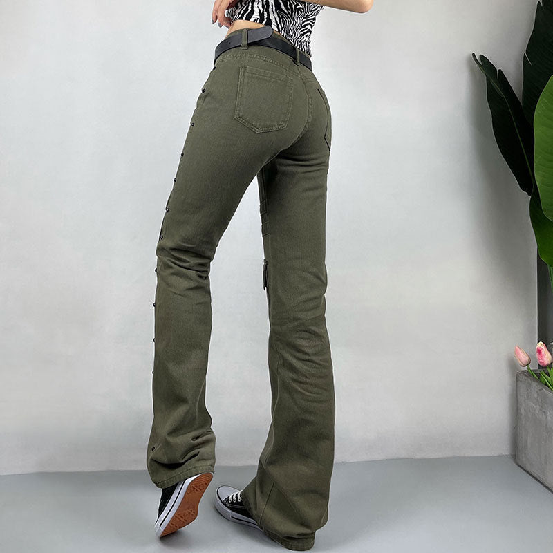 Olive Green Women's Buckle Strap Button Multi-Pocketed Design Skinny Straight Cargo Jeans