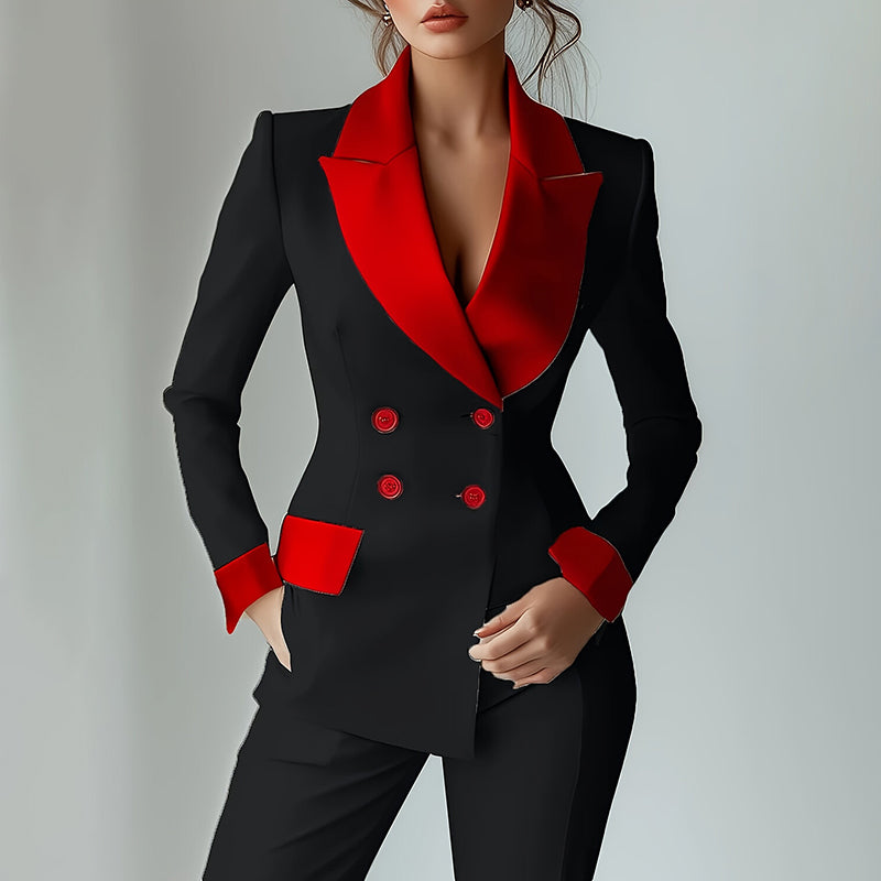 Vintage Colorblock Button-Up Notched Lapel Double Breasted Women's Tuxedo Blazer Jacket