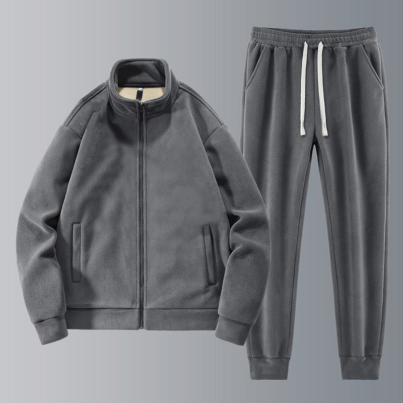 Men's Mandarin Collar Solid Color Fleece Hoodie Zipper Jacket + Drawstring Sweatpants Tracksuit w/ Belt Bag